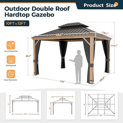 HAPPATIO 10' x 12' Hardtop Gazebo, Outdoor Wood Grain Frame Aluminum Gazebo, Double Roof Permanent Patio Canopy with Netting and Curtains for Garden, Patio, Lawns, Parties (Grey)