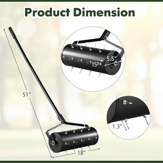 S AFSTAR 18" Manual Lawn Aerator, Heavy Duty Rolling Aerator Lawn Tool Filled Sand Stone with 51" Detachable Handle & Tine Spikes for Soil Loosening, Push Grass Aeration for Garden Yard, Black