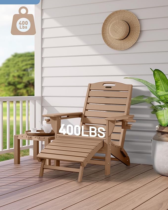 Folding Adirondack Chairs Set of 4,Adirondack Chair with Retractable Ottoman,Plastic Adirondack Chairs with 2 Cup Holder,Weather Resistant Patio Chair,Outdoor Chairs Set of 4(Teak)
