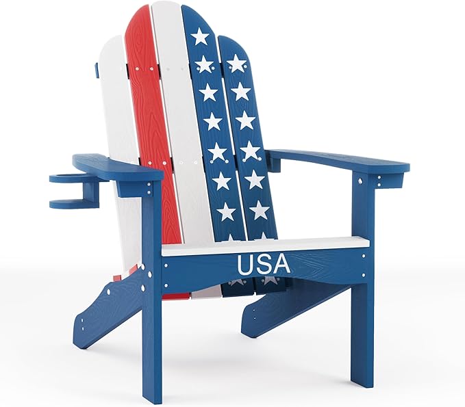 LUE BONA HDPS Adirondack Chairs Set of 4, Fire Pit Outdoor Chair Weather Resistant with Cup Holder, Modern Plastic Chair Plastic for Patio, Deck, Proch, 350LBS, Flag Blue