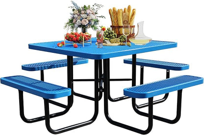 8-Person Picnic Tables for Outdoors, Industrial 46" Expanded Metal Square Picnic Table with 4 Benches & Umbrella Hole, Outside Table and Bench Set for Garden, Backyard, Porch, Patio, Blue