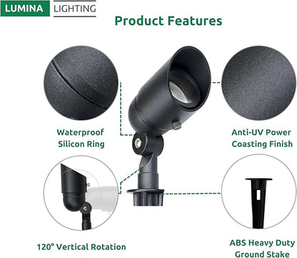 Lumina Lighting® 5W Landscape lighting 12V Landscape Lights Low Voltage Landscape Spotlights Warm White Waterproof Outdoor Replaceable LED Bulb for Garden, Lawn, Porch, Patio and Yard (Black) (6-Pack)