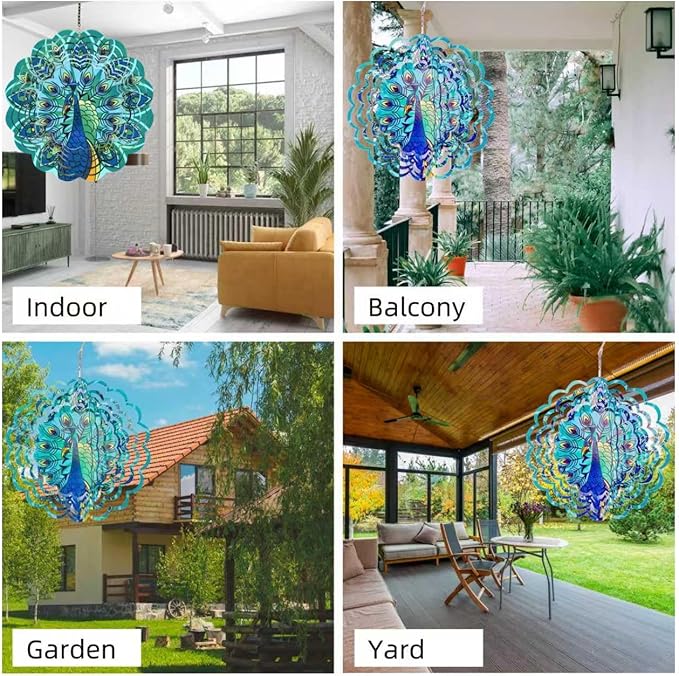 Metal Wind Spinners Outdoor Hanging Wind Spinner for Yard and Garden Decor for Outside-12In 3D Stainless Steel Peacock Wind Chime Gifts for Women Mom