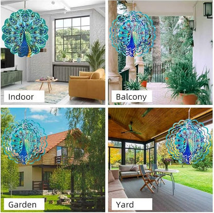 Metal Wind Spinners Outdoor Hanging Wind Spinner for Yard and Garden Decor for Outside-12In 3D Stainless Steel Peacock Wind Chime Gifts for Women Mom