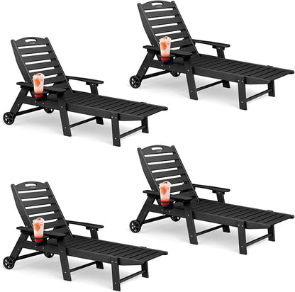 Lounge Chair Outdoor Set of 4 with Wheels, Adjustable 6-Position Chaise Lounge Outdoor, Patio Lounge Chair for Poolside Backyard, Black