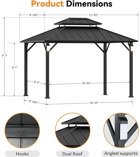 Modern Shade The Horizon Hardtop Gazebo 10' x 12' with 4 LED Lights, Permanent Outdoor Gazebo with Galvanized Steel Double Roof, Grill Pavilion with Decor Hooks, Mosquito Nettings, Black