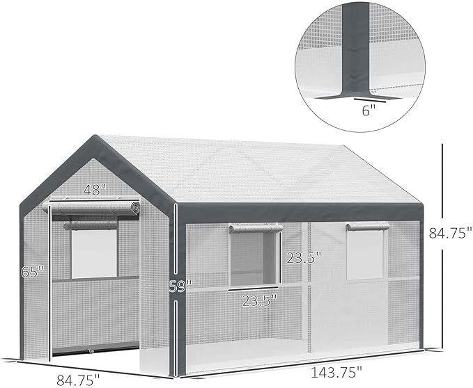 Outsunny 12' x 7' x 7' Walk-in Greenhouse, Outdoor Garden Warm Hot House with 4 Roll-up Windows, 2 Zippered Doors and Weather Cover, White