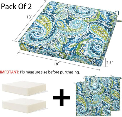 Magpie Fabrics Indoor Outdoor Waterproof Square Chair Cushion, 18" x 18" x 2.5", 2 Pack, Water Resistant Seat Cushions, for Patio Garden Office, Paisley Lapis Green