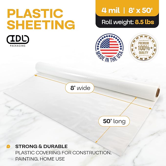 Plastic Sheeting 4 mil, 8' x 50' (400 sq. ft.) - Thick Semi-Clear Plastic Sheeting for Construction, Painting, Slide&Slip - LDPE Film Roll - Heavy Duty Thick Polyethylene Rolls by IDL Packaging