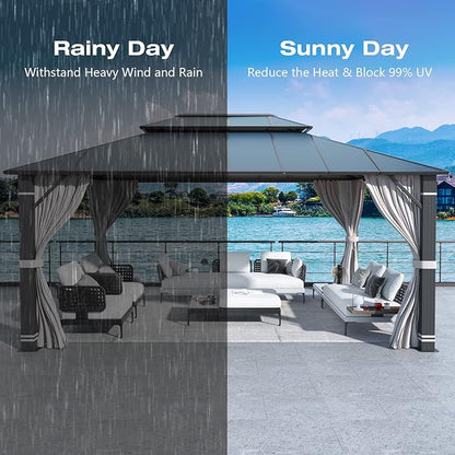MELLCOM 12x16FT Hardtop Gazebo, Permanent Outdoor Aluminum Patio Gazebo with Aluminum Composite Double Roof for Patio Lawn and Garden, Curtains and Netting Included