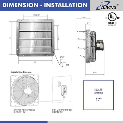 iLIVING 16" Wall Mounted Shutter Exhaust Fan, Automatic Shutter, with Thermostat and Variable Speed controller, 0.85A, 1200 CFM, 1800 SQF Coverage Area Silver (ILG8SF16V-ST)