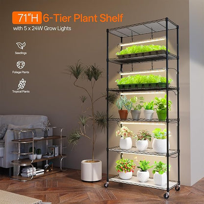 Bstrip Plant Shelf with Grow Light, Metal Plant Stand with Adjustable Rack and Wheels, 5 Pack 24W Full Spectrum Grow Light Strip for Indoor Plants, Seed Starting, Seed Tray, 29.5"x13.8"x71"