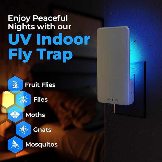 Indoor UV Pest Control Device and Night Light. LED Powered Flying Insect Trap for Flies, Moths, Gnats, Fruit Flies and Mosquitos. (Device + 5 Traps)