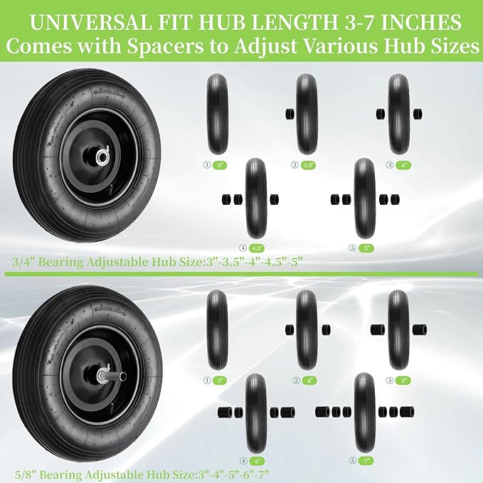 RRQ (2 Pack) 4.80/4.00-8 Tire and Wheel, 16" Pneumatic Wheelbarrow Tires with 3" Centered Hub and 3/4" Bearings (Comes with 5/8" ID Iron Tube Adapter), for Wheelbarrow, Garden Cart, Trailer and More