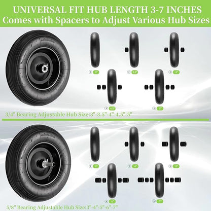 RRQ (2 Pack) 4.80/4.00-8 Tire and Wheel, 16" Pneumatic Wheelbarrow Tires with 3" Centered Hub and 3/4" Bearings (Comes with 5/8" ID Iron Tube Adapter), for Wheelbarrow, Garden Cart, Trailer and More