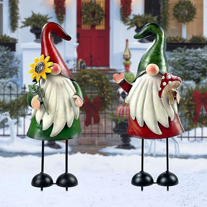 HONGLAND Metal Gnome Yard Art Outdoor Gnomes Garden Statue 18 Inch Gnome Figurine Decorative Stakes for Holiday Christmas Lawn Patio Yard Garden Decor-2 PCS