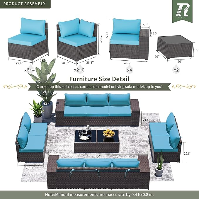 Outdoor Patio Furniture Set, 12 Pieces Outdoor Furniture All Weather Patio Sectional Sofa PE Wicker Modular Conversation Sets with Coffee Table,10 Chairs & Seat Clips Turquoise Blue.