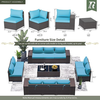 Outdoor Patio Furniture Set, 12 Pieces Outdoor Furniture All Weather Patio Sectional Sofa PE Wicker Modular Conversation Sets with Coffee Table,10 Chairs & Seat Clips Turquoise Blue.