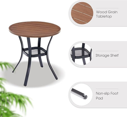 VICLLAX Outdoor Patio Round Dining Table, 28"x 28" Metal Slatted Round Tabletop with Storage Shelf for Deck Lawn Garden Backyard, Walnut