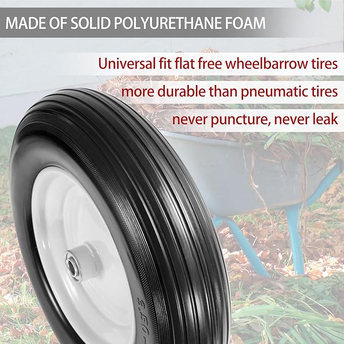 (2-Pack) Fits 4.80/4.00-8, 3.50/2.50-8, 4.00-6, 4.00-8 Wheelbarrow Wheels,14.5" Wheelbarrow Flat Free Tire, with 3/4" & 5/8" Bearing,3" Hub for Garden Cart Trolley Wagon Lawn Mower