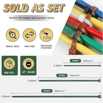 12 Inch 4.8mm Green Zip Ties, 55 Lbs PA66 Heavy Duty Plastic Wire Ties, Premium Self-locking Nylon Cable Ties Decoration Tie Wraps for Christmas Tree Oudoor Infoor Gardening Fence Grid Wall, 100 Pcs