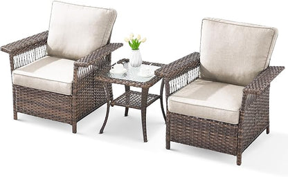 Wicker Outdoor Chairs Set - 3 Pieces Hollow Widen Armrests Patio Furniture Set with Side Table, Comfortable High Back Rattan Chairs for Balcony Porch Deck and Yard - Brown/Beige