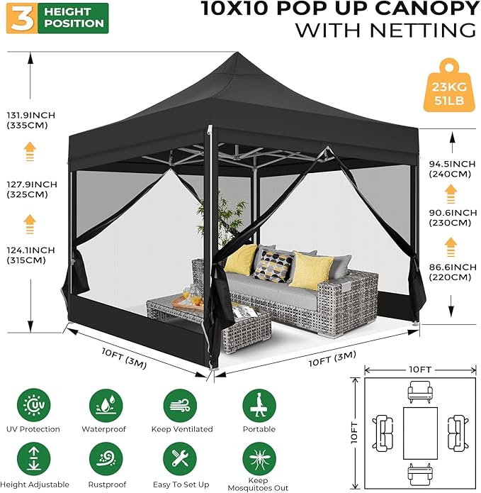 COBIZI 10x10 Heavy Duty Pop Up Canopy with 4 Mosquito Netting Wall, Easy Set Up Commercial Gazebo Party Tent, Outdoor Instant Screen Canopy for Backyard, Patio, Garden, Black