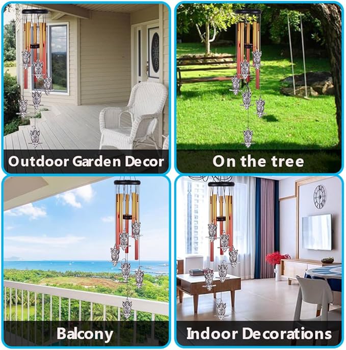 Owl Wind Chimes Outdoor/Indoor Decor - Pure Hand-Made Owl Wind-Bells, Mobile Romantic Windcatcher 28" Owl Wind Chime for Home, Xmas, Gift For Mother, Balcony, Patio, Garden Decoration(6 Owls, 5 Tubes)