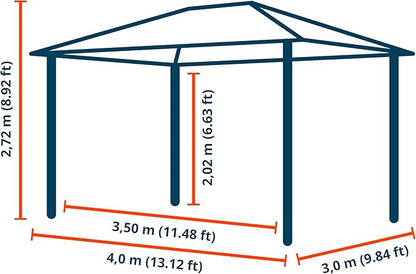 TOOLPORT Hardtop Gazebo 10x13 ft with Polycarbonate Roof - Wood-Like Finish - 4 Side Panels in Champagne