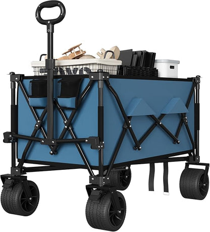 35" Foldable Wagon for Beach with 350lbs Weight Capacity, Heavy Duty 280L Extra Large Collapsible Foldable Wagon for Camping, All Terrain Beach Wagons Extended with Cup Holders for Sand