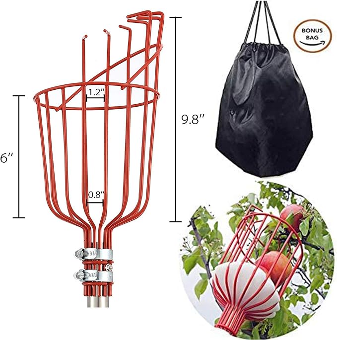 DIIG 8 Foot Fruit Picker Tool with Stainless Steel Pole, Picking Equipment for Lemons, Apples, Guavas, Avocados, Pears, Mangoes, Oranges