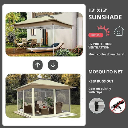 COBIZI 12x12 Pop Up Gazebo On Clearance - Upgrade Easy Up Metal Outdoor Canopy Waterproof - Portable Gazebo with Mosquito Nettings, 4 Ropes 8 Stakes and Carry Bag for Patio Garden(Khaki)