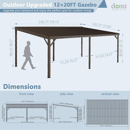 Domi 12’x20’ Wall-Mounted Hardtop Gazebo Pergola – Permanent Lean-to Outdoor Shelter with Sloped Galvanized Steel Roof & Upgraded Drainage – Gray Metal Patio Cover for Backyard, Deck, Garden, Brown