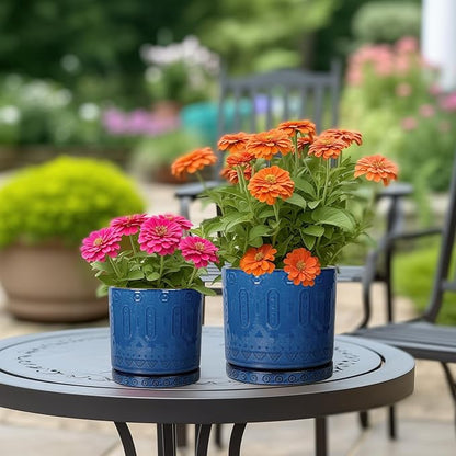 6 Inch Plant Pot - Ceramic Planter for Outdoor Plants Indoor Plant Pot with Drainage Holes and Saucer Succulent Pot Modern Round Flower Pot for House Room Decor Blue