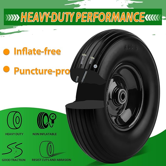Upgrade 13Inch Wheelbarrow Tires 4.00-6 Flat Free Tire And Wheel with 5/8" & 3/4" Bearings, 1.77"-5.75" Center Hub for Wheelbarrows Garden Wagon Cart Wheel Replacement by NISHCON, 1Pack