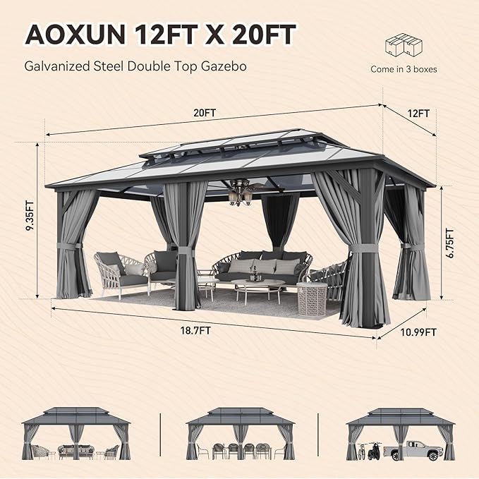 Aoxun 12'x20' Hardtop Gazebo, Aluminum Frame Permanent Pavilion with Curtains and Netting, Outdoor Polycarbonate Double Roof Canopy, Designed for Patio, Garden, Lawns (Gray)