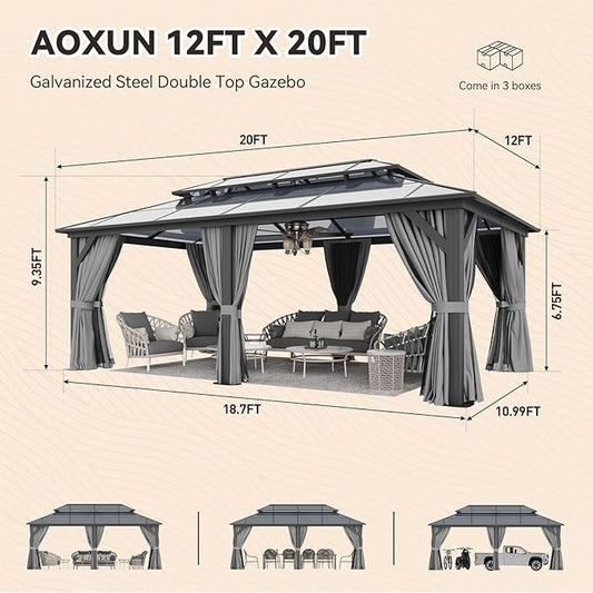 Aoxun 12'x20' Hardtop Gazebo, Aluminum Frame Permanent Pavilion with Curtains and Netting, Outdoor Polycarbonate Double Roof Canopy, Designed for Patio, Garden, Lawns (Gray)