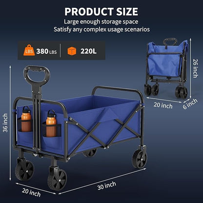 Collapsible Wagon Cart 380Lbs Capacity, Foldable Utility Portable Beach Wagon with All-Terrain Wheels, Adjustable Handle & Drink Holders, Carts with Wheels for Grocery, Camping, Shopping, Garden Cart