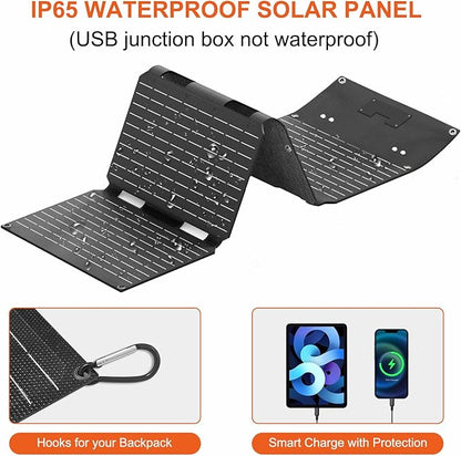 45W Solar Panels Charger with Handle 18V USB-A USB-C DC Portable Foldable Power Emergency ETFE Monocrystalline Panels IP67 Waterproof Camping Hiking