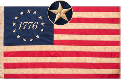 Homissor 1776 Betsy Ross Flag 3x5 Feet Tea-Stained Vintage American Flags Heavy Duty Outdoor Embroidered 13 Star Colonies 1776 Banner for Outside