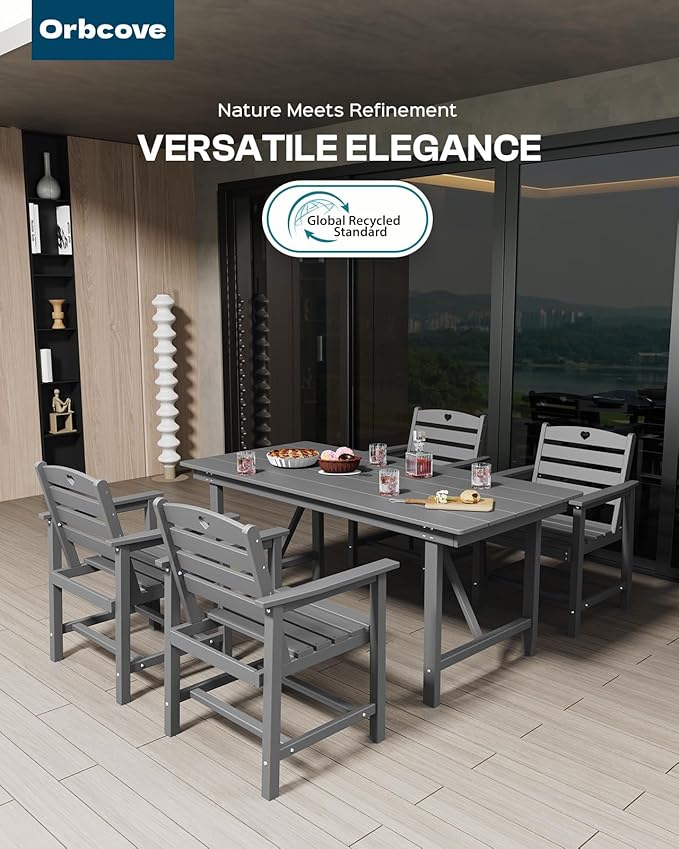 Patio Table and Chairs Set with Umbrella Hole, HDPE Patio Dining Set for 4, Outdoor Dining Set for Lawn, Patio, Porch, Deck, Poolside, Yard (Grey, 5-Piece)