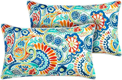 Magpie Fabrics Patio Lumbar Pillow Covers ONLY 20"x12", Set of 2, Outdoor Indoor Cushion Cases Decorative Throw Rectangular Pillowcase Shell for Couch Garden - Paisley Multi