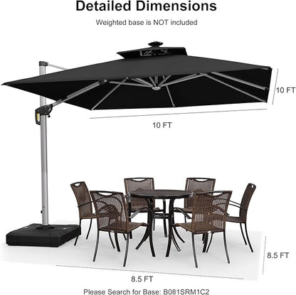 PURPLE LEAF 10 Feet Double Top Deluxe Solar Powered LED Square Patio Umbrella Offset Hanging Umbrella Outdoor Market Umbrella Garden Umbrella, Black