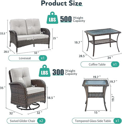 5 Piece Patio Furniture Set - Wicker Patio Conversation Set with Swivel Glider, Loveseat Bench, Tempered Glass Side Table and Coffee Table for Deck Backyard - Brown Wicker Beige Cushion