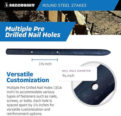 Sandbaggy Round Steel Concrete Form Stakes with Nail Holes - Rust Resistant Coating - Removable, Reusable (5, 3/4 in X 12 in)