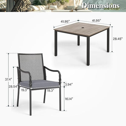 HERA'S HOUSE Metal Patio Table and Chairs Set for 4, Outdoor Dining Set 5 Pieces, 42" Square Faux Wood-Grain Table with Armrest Chairs for Garden Backyard with 1.57" Umbrella Hole