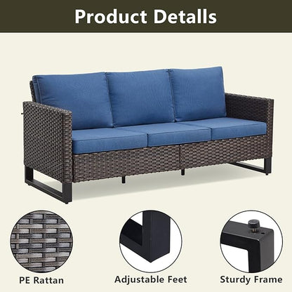Rilyson Wicker Outdoor Patio Furniture Set - 5 Piece Patio Conversation Set with 2 Swivel Rocker Chairs,2 Rattan Ottoman and 1 Couch for Outside Porch Deck Backyard Garden(Brown/Blue)
