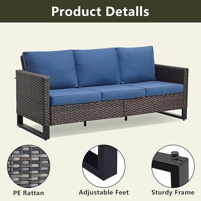 Rilyson Wicker Outdoor Patio Furniture Set - 8 Piece Patio Conversation Set with 4 Swivel Rocker Chairs,2 Rattan Ottoman,1 Couch and 1 Metal Coffee Table for Outside Porch Deck Backyard(Brown/Blue)
