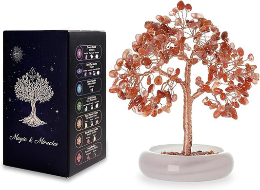 Carnelian Crystal Tree Healing Gemstone Tree with 243 Natural Crystals, Feng Shui Tree, Money Tree, Energy Decor for Home Office Desk, Spiritual Gift for Women