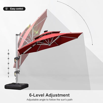 PURPLE LEAF 10ft Solar powered LED Patio Umbrella Outdoor Round Umbrellas Large Cantilever Umbrella with LED lights Windproof Offset Umbrellas Heavy Duty Sun Umbrella for Garden Deck Pool Patio, Terra